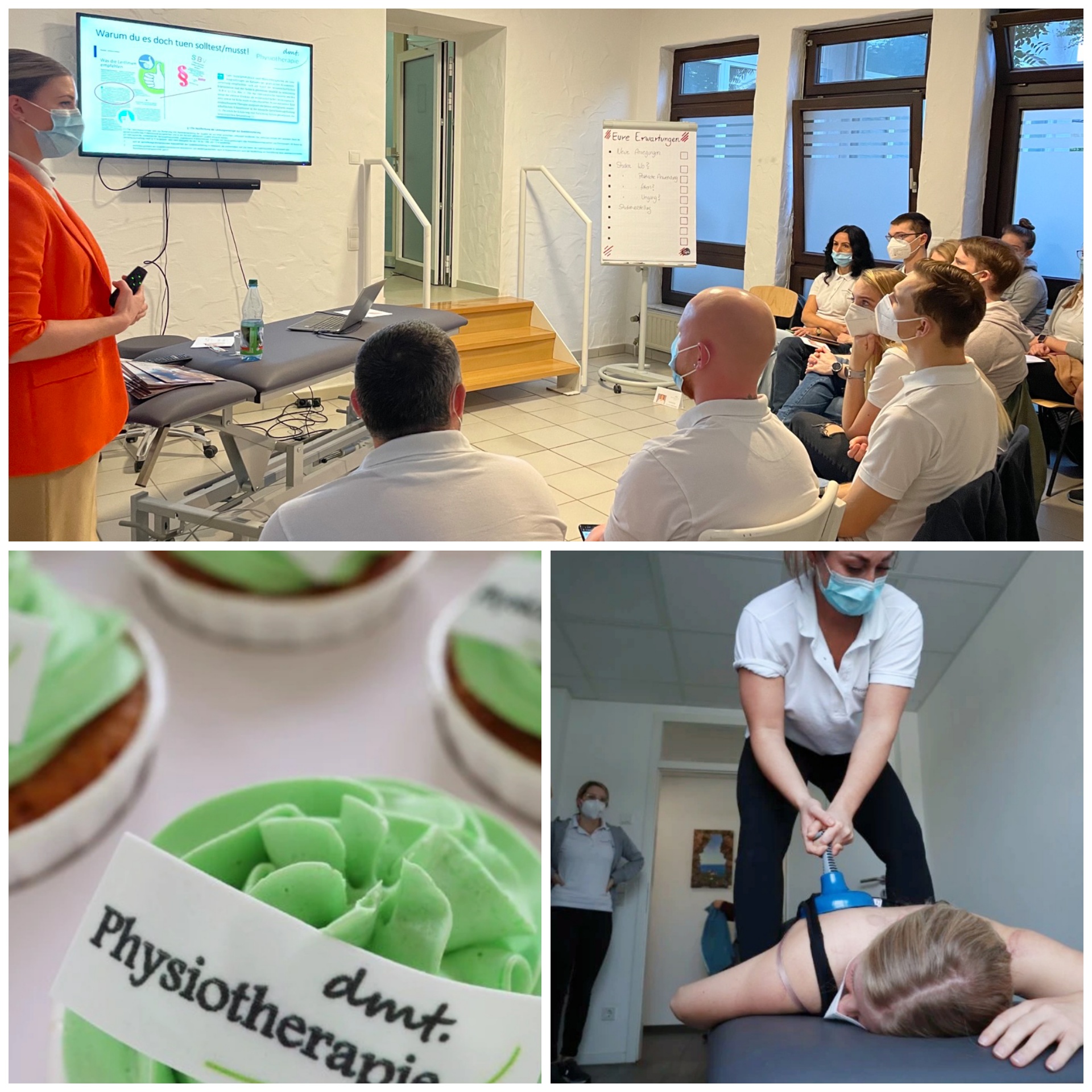 Bildauschnitte der internen Fortbildung. Laura hält einen Vortrag. dmt. Cupcakes, Michelle schröpft Sophie.