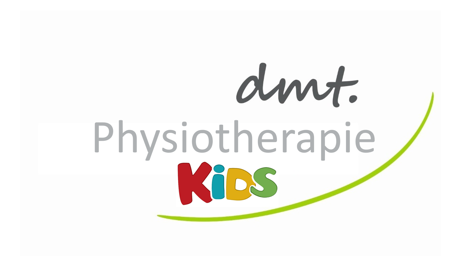 Das dmt. Physiotherapie-Logo ist zu sehen. Darunter in bunten Buchstaben das Wort "KIDS".