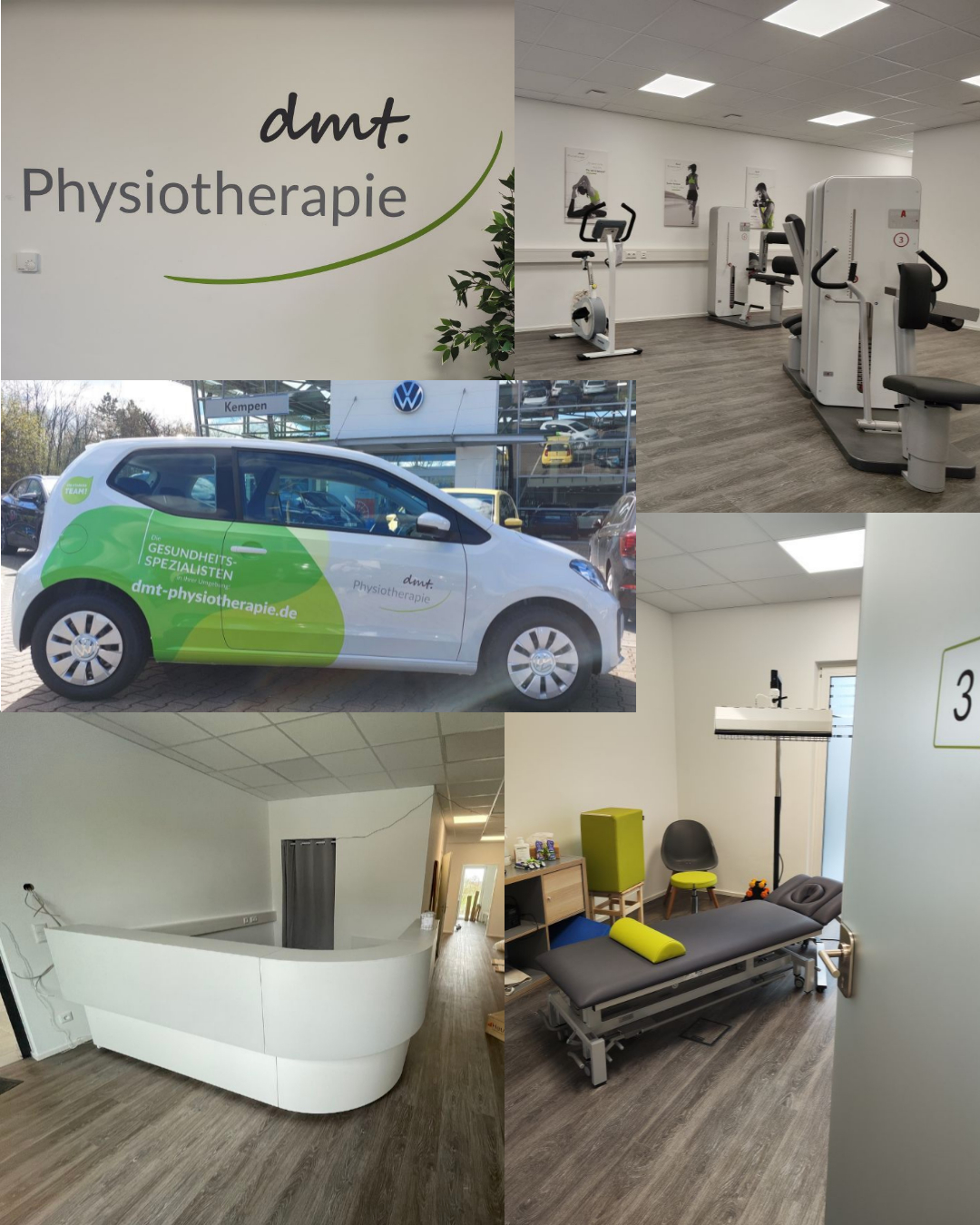 Bildauschnitte der neuen Praxis in Erftstadt. Man sieht das dmt. Physiotherapie-Logo, ein Hausbesuchsauto, den Empfang, KGG-Raum und einen Behandlungsraum.