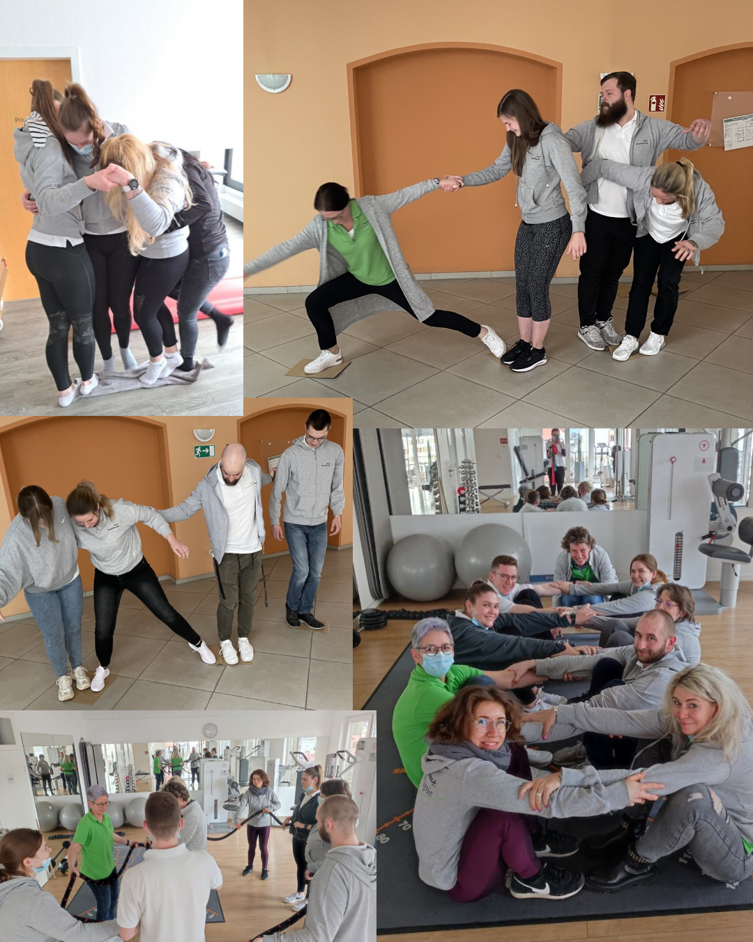 Bildausschnitte von Teambuildingübungen in der Physiotherapiepraxis.