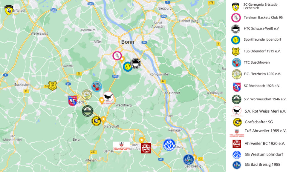 Karte auf der die gesponserten Vereine abgebildet sind. Die Vereine sind im Raum Bonn, Grafschaft, Badneuenahr-Ahrweiler und Bad Breisig.