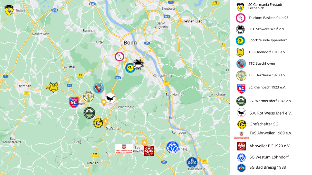 Karte auf der die gesponserten Vereine abgebildet sind. Die Vereine sind im Raum Bonn, Grafschaft, Badneuenahr-Ahrweiler und Bad Breisig.