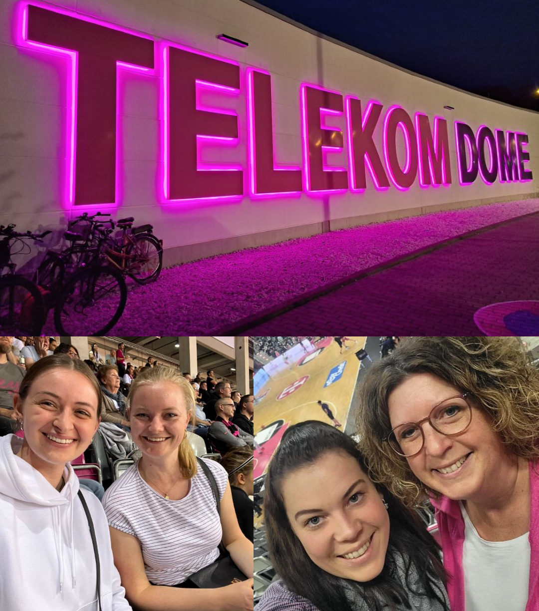 Bild zeigt vier Mitarbeiter der dmt. Physiotherapie bei dem Spiel der Telekom Baskets.