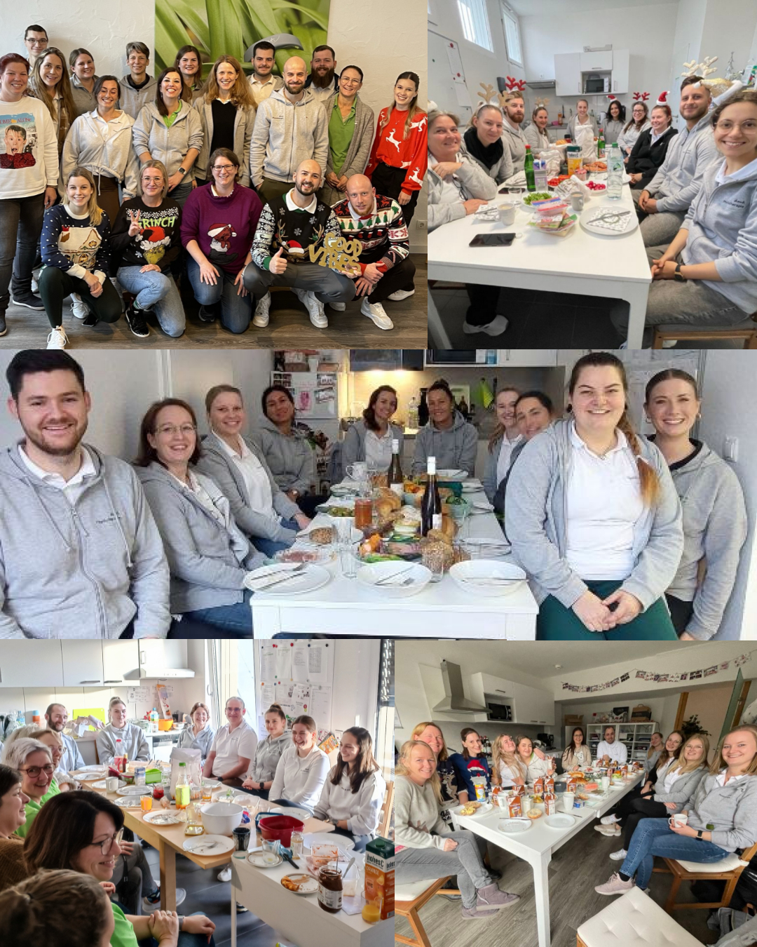 Kollage zeigt die Physiotherapie-Teams bei Ihrem Weihnachtsfrühstück.
