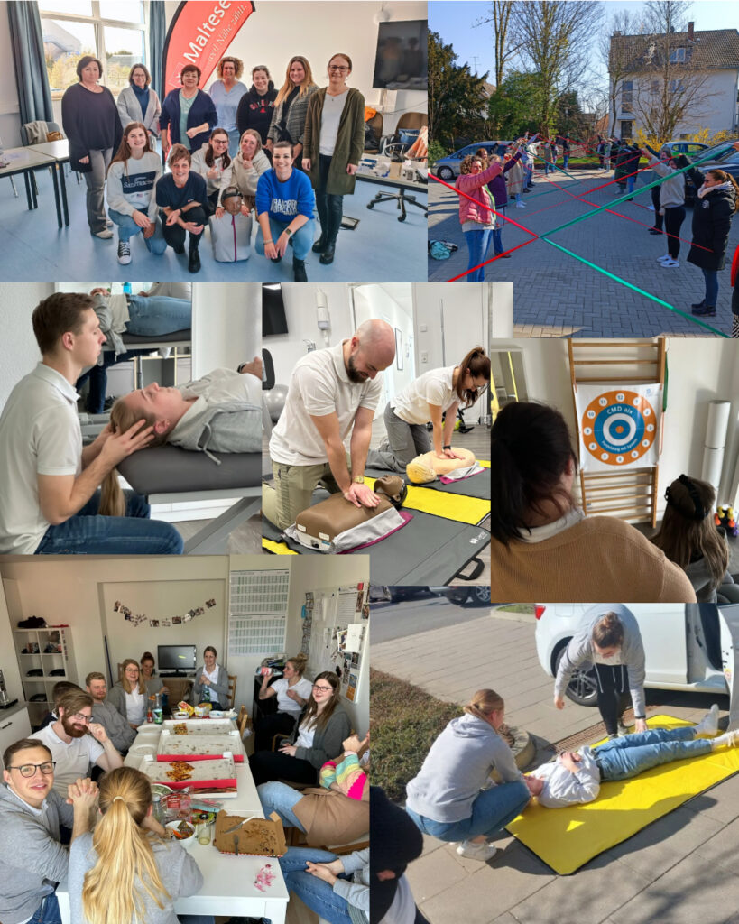 Auschnitte der internen Fortbildung des Teams der dmt. Physiotherapie. Darunter die Erste-Hilfe-Schulung oder die aktive Pause der Bürokräfte.