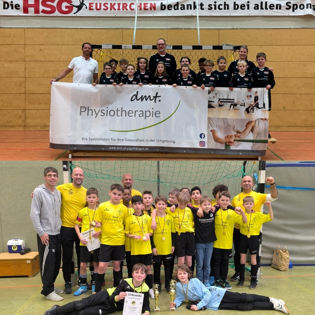 Das Bild zeigt zwei Gruppenfoto der Sportvereine HSG Euskrichen und FC Flerzheim. Jeweils ein Vertreter der dmt. Physiotherapie ist auf den Bildern zu sehen.