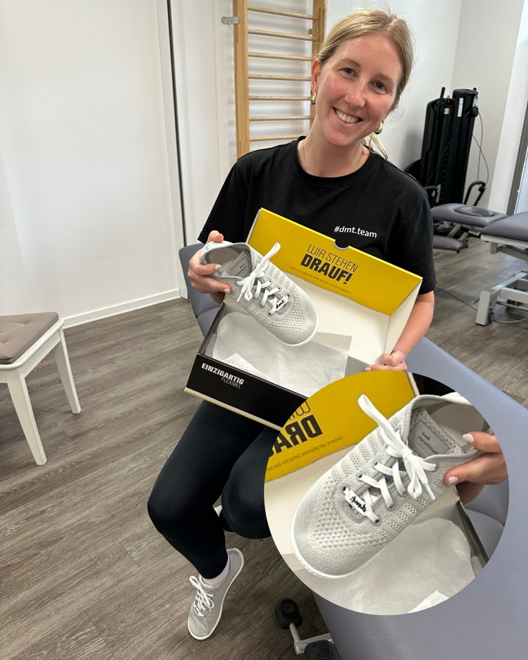 Bild zeigt Sophie Serman mit ihrem dmt. x Leguano Schuh in der Hand.