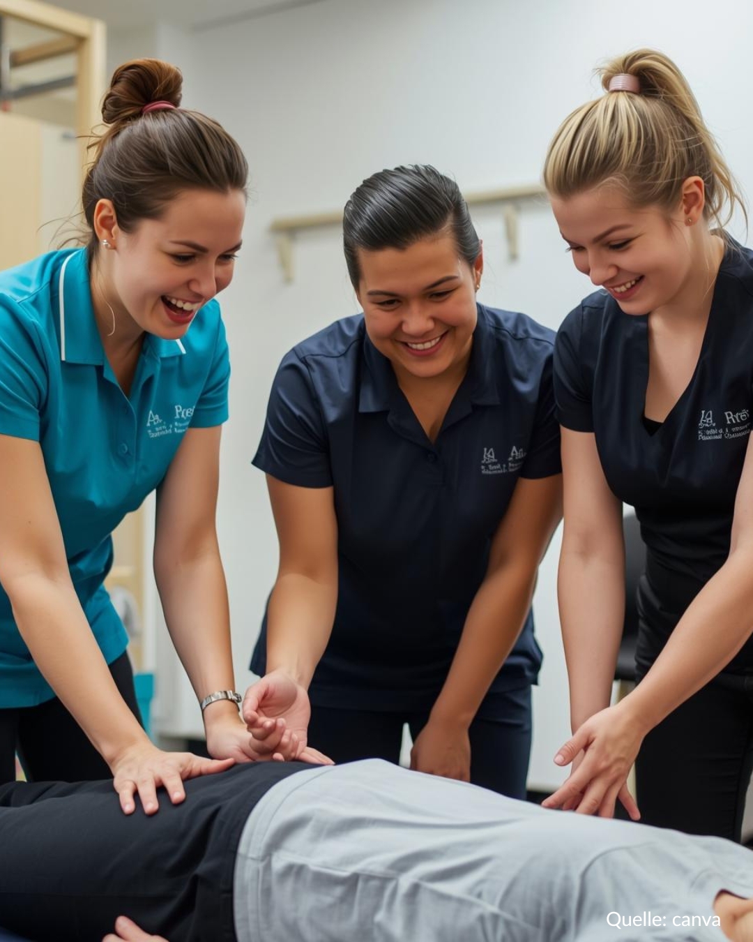 Ergo-, Logo-, und Physiotherapeutinnen stehen um den Patienten herum.