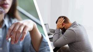Bild ist zweigeteilt und zeigt links eine Frau die raucht und rechts einen Mann der niedergeschlagen am Schreibtisch sitzt.